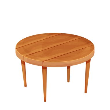 Çizgi film tarzında ahşap yuvarlak masa beyaz arka planda izole edilmiş. Mobilya desenli, küçük kahve masası. Eski bir nesne. Vektör illüstrasyonu