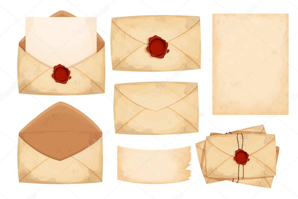 Set vintage envelope, letters, paper with red wax seal in cartoon style isolated on white background. Old grunge paper,textured. Antique mail, correspondence. Vector illustration