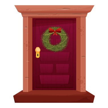 Kırmızı fiyonklu Noel çelengi beyaz arka planda izole edilmiş karikatür tarzı ahşap kapılı. Kış, tatil süsü. Vektör illüstrasyonu