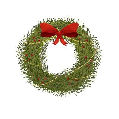 Noel çelengi, beyaz arka planda izole edilmiş kırmızı fiyonklu çelenk. Tatil dekorasyonu. Vektör illüstrasyonu