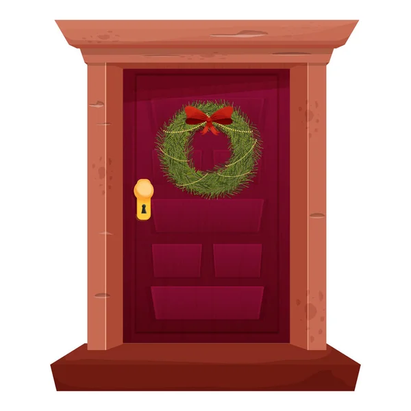 Weihnachtskranz Mit Roter Schleife Auf Retro Holztür Cartoon Stil Isoliert — Stockvektor