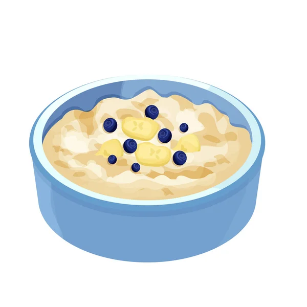 Haferbrei mit Banane und Blaubeere in Schüssel, Teller im Cartoon-Stil isoliert auf weißem Hintergrund. Müsli, gesundes Frühstück. — Stockvektor