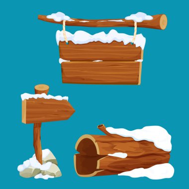 Eski ağaç kütüğü, ok tabelaları, beyaz arka planda izole edilmiş karikatür tarzında ip ve karla kaplı ahşap tahtalar. Kışın ahşap döşeme, boş çerçeve. Ui oyun varlığı. Vektör illüstrasyonu