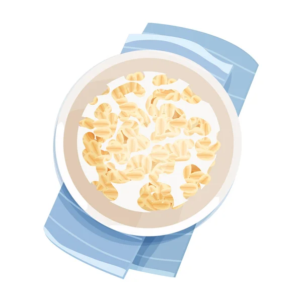 Oatmeal Porridge Bowl Milk Plate Top View Cartoon Style Isolated — Stock Vector