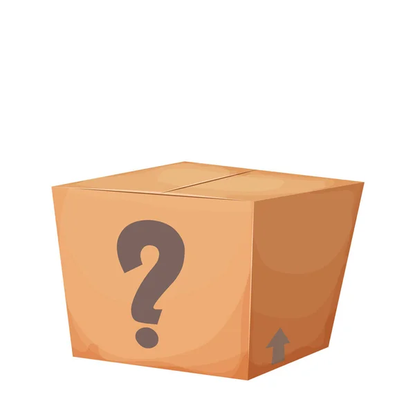 Mystery cardboard box with question, closed present in cartoon style isolated on white background. Funny lucky package, greeting. — Stock Vector