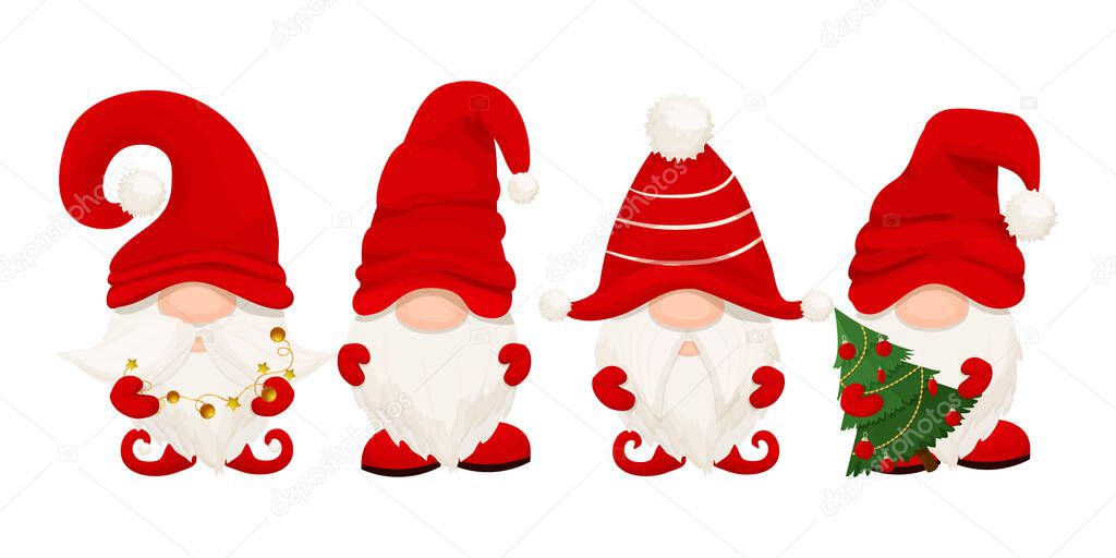 Set cute Christmas gnome, elf in red hat in cartoon style, New year greeting character isolated on white background. Traditional funny fairy with beard.