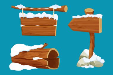 Eski ağaç kütüğü, ok tabelaları, beyaz arka planda izole edilmiş karikatür tarzında ip ve karla kaplı ahşap tahtalar. Kışın ahşap döşeme, boş çerçeve. Ui oyun varlığı