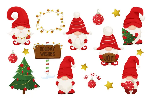 かわいいクリスマスのノームを設定し、漫画のスタイルで赤い帽子で自分自身、白い背景に隔離された新年の挨拶の文字。髭を生やした伝統的な面白い妖精. — ストックベクタ