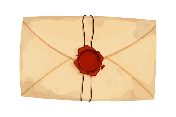 Envelope, letra com selo de cera vermelha e corda em estilo cartoon isolado no fundo branco. Correio envelhecido vintage, entrega postal retro. —  Vetores de Stock
