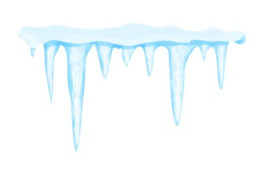 Kış süslemeli buz saçakları, beyaz arka planda izole edilmiş çizgi filmdeki donmuş su. Buz kristalleri, asılı elementler. Dokulu, parlak..