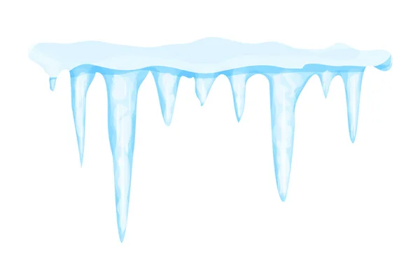 Icicles com decoração de inverno de neve, água congelada no stile dos desenhos animados isolado no fundo branco. Cristais de gelo, elemento de suspensão. Texturizado, brilhante. — Vetor de Stock