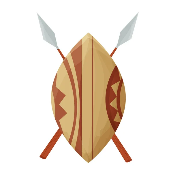Africano escudo placa tradicional de madeira com ornamento tribal e lanças em estilo cartoon isolado no fundo branco. Arma guerreira do Sul. Decorado com paus. —  Vetores de Stock