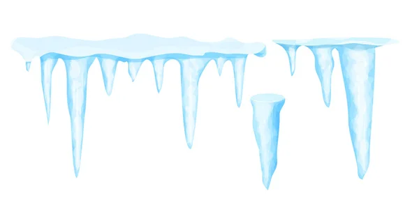 Set IJspegels met sneeuw winter decoratie, bevroren water in cartoon stile geïsoleerd op witte achtergrond. Collectie IJskristallen, opknoping element. Getextureerd, glanzend. — Stockvector