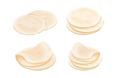 Lavaş ve tortilla koy. Çizgi film tarzında Meksika mutfağı içeriği beyaz arka planda izole edilmiş. Fast food, geleneksel ekmek.