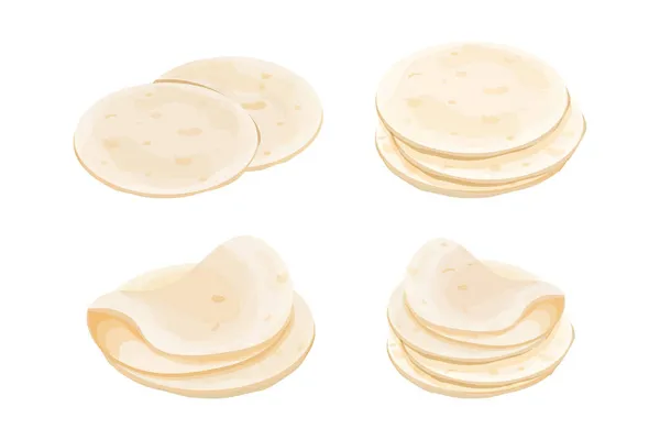 Lavaş ve tortilla koy. Çizgi film tarzında Meksika mutfağı içeriği beyaz arka planda izole edilmiş. Fast food, geleneksel ekmek.