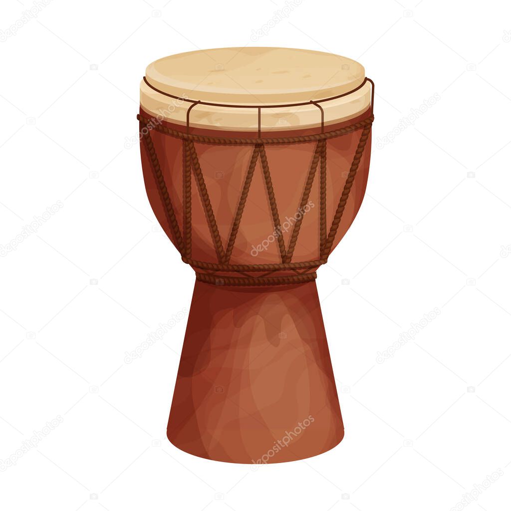 African djembe drum in cartoon style isolated on white background. Ethnic, traditional musical instrument. Vector illustration