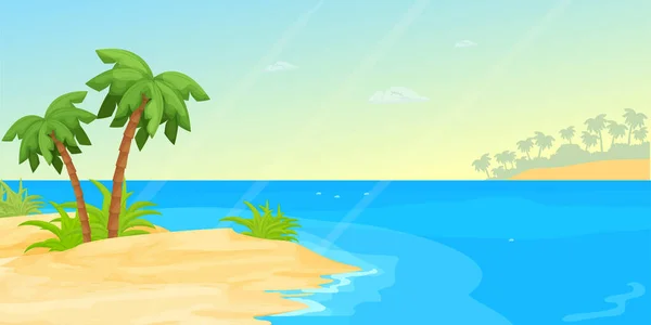 Spiaggia Tropicale Con Mare Sabbia Stile Cartone Animato Stendardo Orizzontale — Vettoriale Stock