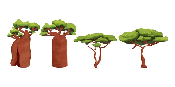 白い背景に隔離された漫画スタイルでアカシアやバオバブの木サバンナの植物を設定します コレクション Uiゲーム資産 ベクターイラスト — ストックベクタ