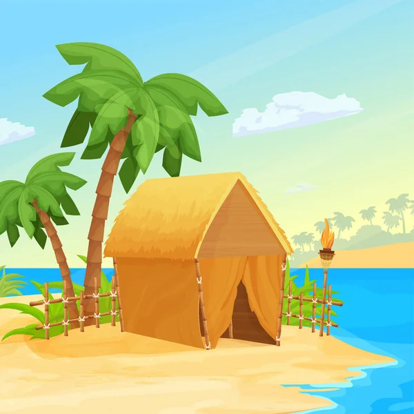 Paisaje Marino Con Isla Cabaña Bungalow Con Techo Paja Decoraciones — Vector de stock