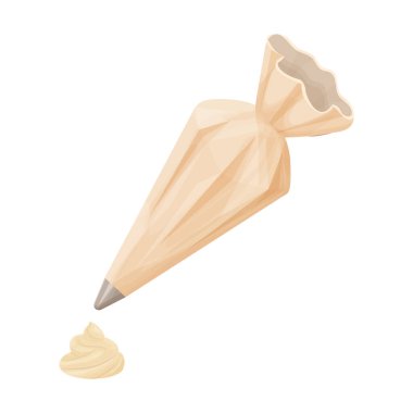 Pasta Torbası kreması, beyaz arkaplanda izole edilmiş çizgi film tarzı pişirme işlemi. Mutfak malzemeleri, çatal bıçak. Pasta süsü, krema hazırlığı için. Vektör illüstrasyonu