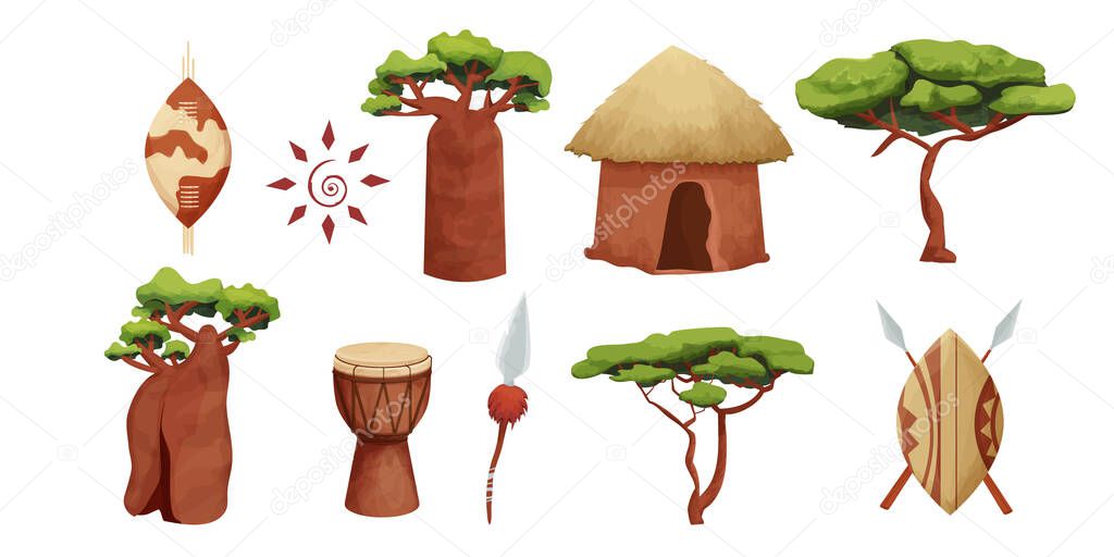 Set African hut with straw roof, baobab shield with spear in cartoon style isolated on white background. Safari tribal collection, rural desert building.