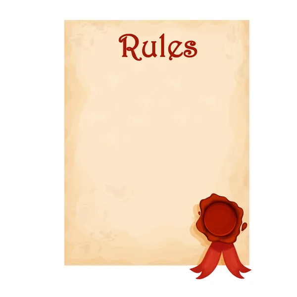 规则清单,羊皮纸提醒与蜡封卡通风格孤立的白色背景.备忘录，基础决议。页: 1. — 图库矢量图片