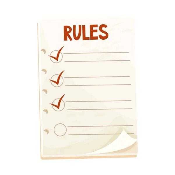 Lista di controllo Regole, promemoria carta in stile cartone animato isolato su sfondo bianco. Memo, risoluzione di base. Pagina con segni rossi. — Vettoriale Stock