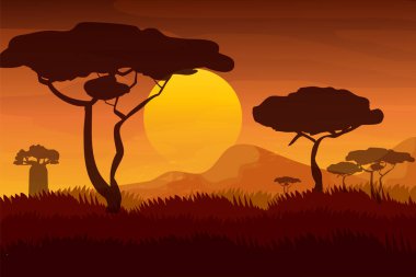 Afrika manzarası, Savannah 'da çizgi film tarzında gün batımı. Ufukta orman ağaçlarının silueti ve dağlarla akşam