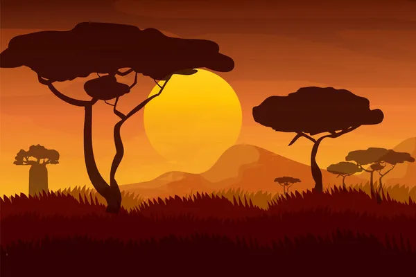 Afrykański krajobraz, zachód słońca w Savannah w stylu kreskówki. Wieczór z sylwetką drzew i gór dżungli w horyzoncie — Wektor stockowy