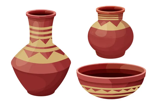 Set de maceta africana, jarrón de cerámica, artefacto tribal artesanal en estilo de dibujos animados aislados sobre fondo blanco. Ánfora de colección de arcilla, — Vector de stock