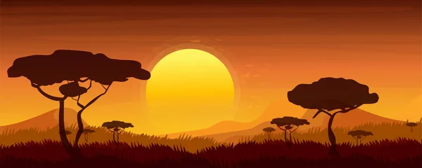 Africká krajina, západ slunce v Savanah v kresleném stylu. Večer se siluetou džungle stromů a hor na obzoru — Stockový vektor