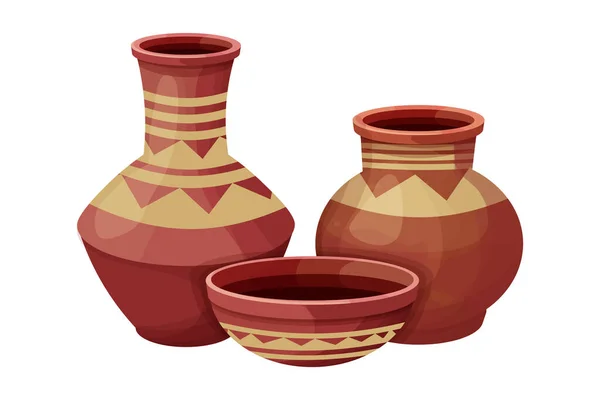 Set pot africain, vase en céramique, artefact tribal artisanal en style dessin animé isolé sur fond blanc. Collection amphore d'argile, — Image vectorielle