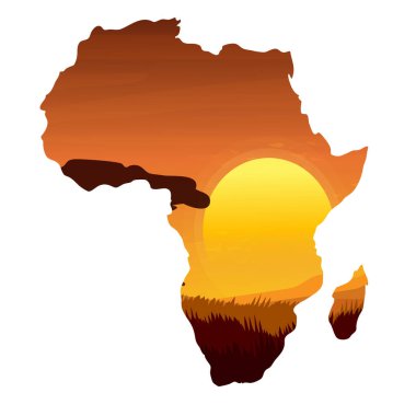 Beyaz arka planda izole edilmiş, günbatımı ve karikatür tarzıyla Afrika haritası silueti. Vahşi hayat, doğa sahnesi. Kıta sembolü, tasarım ögesi.