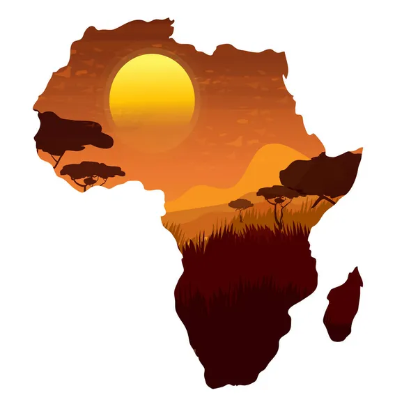 Mapa de África silueta con puesta de sol y paisaje en estilo de dibujos animados aislados sobre fondo blanco. Vida salvaje, escena de la naturaleza. Símbolo continente, elemento de diseño. — Vector de stock