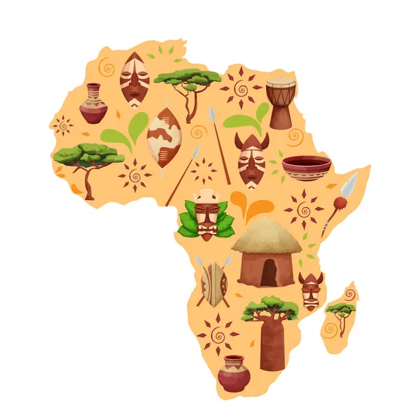 África mapa silhueta com elementos étnicos em estilo cartoon. Ornamentos tribais em escudos, máscaras, objetos da natureza baobá árvore, Savannah acacia. — Vetor de Stock