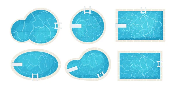 Conjunto de piscinas de diferentes formas vista superior en estilo de dibujos animados aislados sobre fondo blanco. Textura del agua, vacaciones — Vector de stock