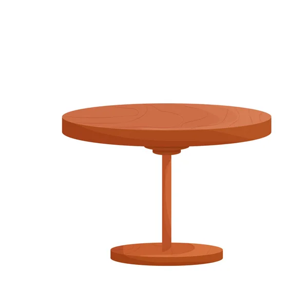 Houten ronde rustieke tafel in cartoon stijl geïsoleerd op witte achtergrond. Textielmeubelen, kleine salontafel. Vintage voorwerp. — Stockvector