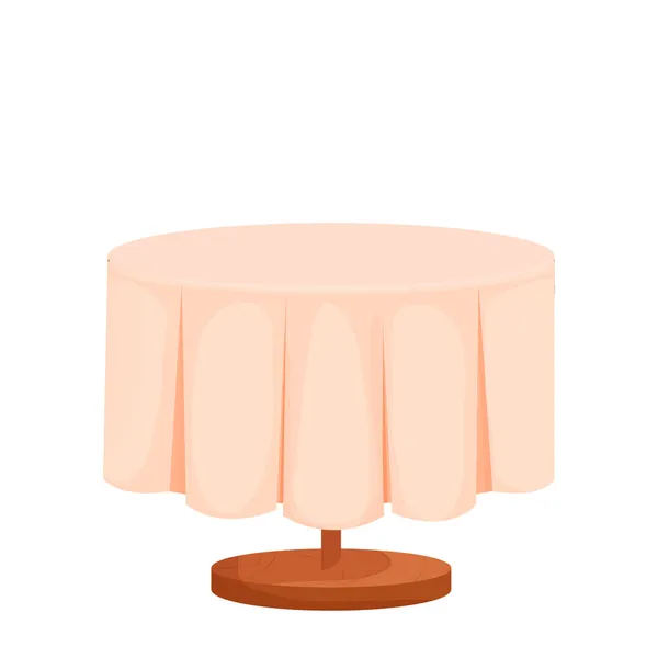 Mesa redonda de madeira com toalha de mesa em estilo cartoon isolado no fundo branco. Café, mobiliário de restaurante, vazio. — Vetor de Stock