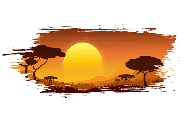 Afrika manzarası, Savannah 'da çizgi film tarzında gün batımı. Ufukta orman ağaçlarının silueti ve dağlarla akşam