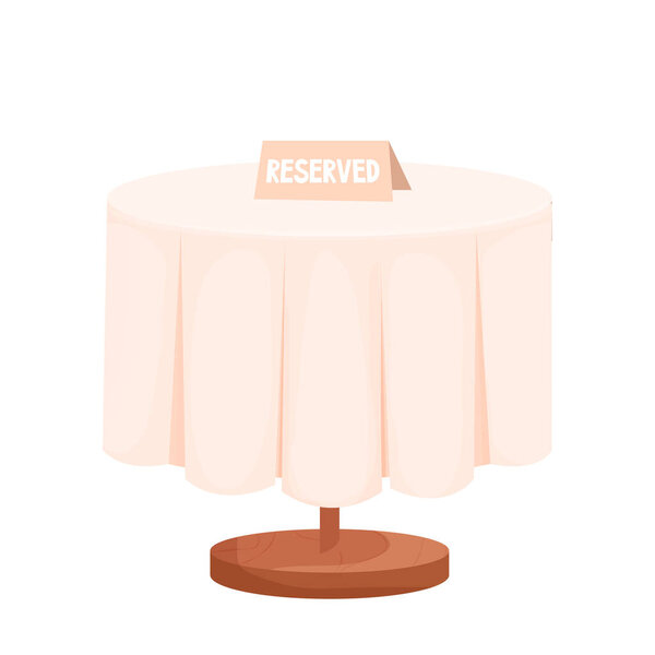 Деревянный круглый стол со скатертью и зарезервированной вывеской в карикатурном стиле изолирован на белом фоне. Кафе, ресторанная мебель, пусто.