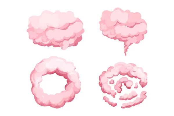Ställ rosa moln, fluffig magi i tecknad stil isolerad på vit bakgrund. Samlingsrök, dimma söt dekoration. Ui speltillgång. — Stock vektor