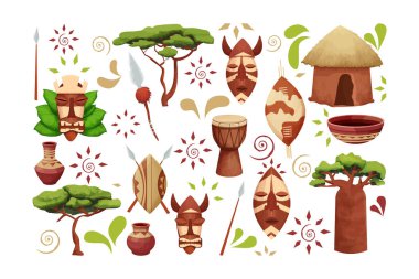 Samandan çatılı Afrika kulübesi mızraklı baobab kalkanı, kabile maskesi beyaz arka planda karikatür tarzında davul. Safari kabile koleksiyonu, kırsal çöl binası..