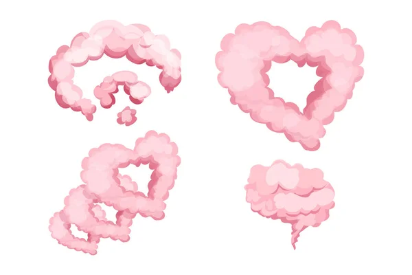 Conjunto de nubes rosadas, magia esponjosa en estilo de dibujos animados aislados sobre fondo blanco. Colección de humo, niebla linda decoración. Ui activo del juego. — Archivo Imágenes Vectoriales