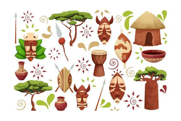 Definir cabana africana com telhado de palha, escudo de baobá com lança, máscara tribal, tambor em estilo cartoon isolado no fundo branco. Safari coleção tribal, edifício deserto rural. —  Vetores de Stock