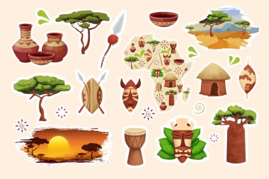 Afrika çıkartmalarını saman çatılı geleneksel kulübe mızraklı baobab kalkanı, kabile maskesi beyaz arka planda karikatür tarzında davul şeklinde ayarlayın. Safari kabile koleksiyonu, kırsal çöl binası..