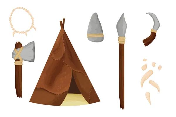 Stone age set with barbarian hut, necklace from bones, tools and weapon from rock and wooden sticks in cartoon style isolated on white background stock vector illustration. — Stock Vector