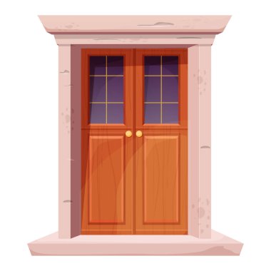 Pencereli ahşap kapı, beyaz arka planda izole edilmiş karikatür tarzında taş kapı çerçevesi. Kapalı modern giriş. Dekorasyon elementi.