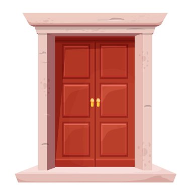 Pencereli ahşap kapı, beyaz arka planda izole edilmiş karikatür tarzında taş kapı çerçevesi. Kapalı modern giriş. Dekorasyon elementi.