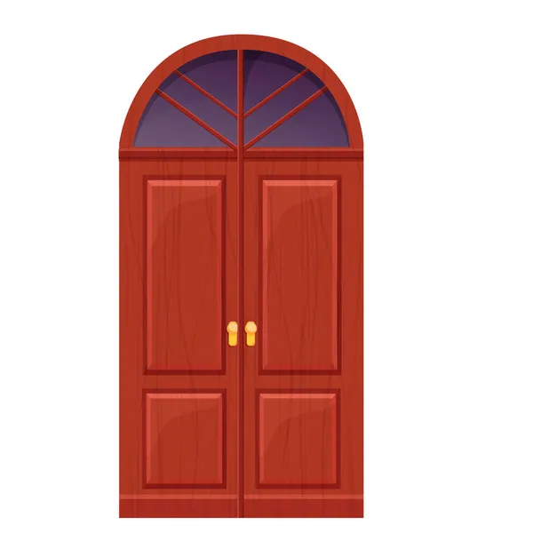 Arch fából készült ajtó, első bejárat ablakkal, texturált rajzfilm stílusú izolátum fehér háttérrel. Ui játék eszköz, középkori dekoráció — Stock Vector