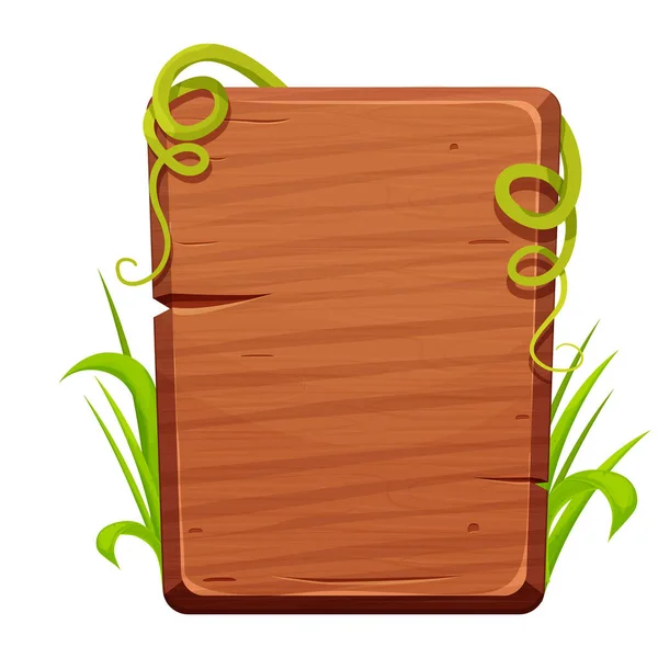 木制木板，丛林框架与树叶，奇异的装饰漫画风格孤立的白色背景。空板，结构详细. — 图库矢量图片